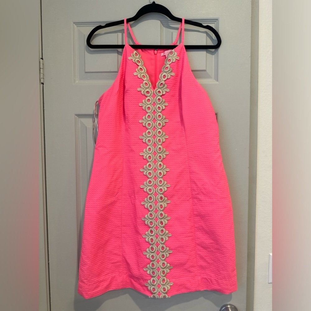 Lilly Pulitzer Pearl Shift Bungalow Pink Gold Metallic Trim Dress